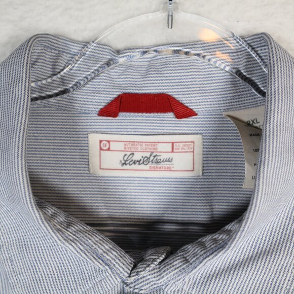 Levi Strauss Signature Mens 2XL White Blue Striped Cotton Long Sleeve Button Up - Picture 3 of 7